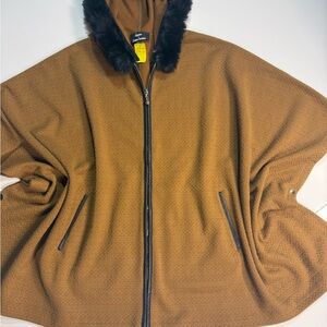 Dennis Basso Tan Cape kimono poncho with Black Faux Fur Trim